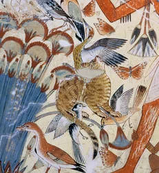 Pormenor de um gato, de Nebamun a caçar nos pântanos com a sua mulher e filha, parte de uma pintura mural da capela funerária de Nebamun, Tebas, Novo Império, c. 1350 a.C.