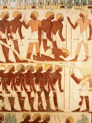 Detalhe dos afrescos de[icting the army receiving rations, from the Tomb of Userhat (TT56)