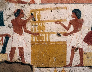 Egito, Luxor, Tebas Ocidental, Vale dos Nobres. Tumba de Nenamon e Ipuki. Fresco retratando carpinteiros no trabalho. (Novo Reino, Dinastia XVIII)