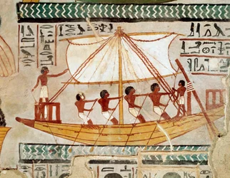 Antiquidade egípcia: "um barco no rio voltando da peregrinação ao túmulo de Osíris, Abydos" 18ª dinastia. Fresco do túmulo de Sennefer (TT 96) da área do túmulo dos nobres de Gournah. Sheikh Abd el-Gournah (el Gournah), Luxor Egipto - Ancie