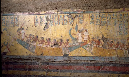 Antiquite egípcio: afresco do túmulo do pintor Maia, peregrinação de barco em Abydos, citação de Osíris. 18ª dinastia. Da Capela da Maia, Deir el-Medineh (el Medineh), Novo Império Dim. 67 cm Torino, Museu Egípcio.