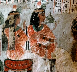 Antiguidade egípcia: representação de Nebtawy (Nebtaoui), esposa do escriba Roy e sua irmã. Pintura do túmulo de Roy (TT255). XVIII dinastia. Da margem ocidental de Luxor, Egito