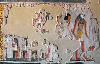 Antiquite egípcia: Horus guia Roy e sua esposa para a peste dos corações. Fragmentos de fresco do Túmulo de Roy (TT255). 18ª dinastia. Da Cisjordânia de Luxor, Egipto.