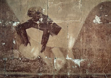 Troca de alimentos, pormenor de cena representando a expedição à Terra de Punt, relevo pintado, Colunata de Punt, Templo Mortuário de Hatshepsut, Deir el-Bahari, Necrópole Tebana, Civilização Egípcia, Novo Reino, Dinastia XVIII