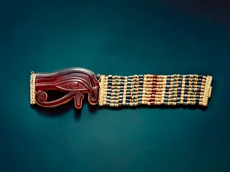 Pulseira de contas flexível, do Túmulo de Tutankhamon, Novo Reino (ouro e cornalina com ouro, faiança e contas de vidro) (ver também 391011-12)