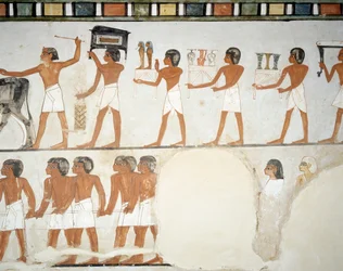 Procissão Funerária, detalhe de afrescos na capela da Tumba de Menna, Sheikh Abd el Qurnah Necropolis, Luxor, Tebas (Lista do Património Mundial da Unesco