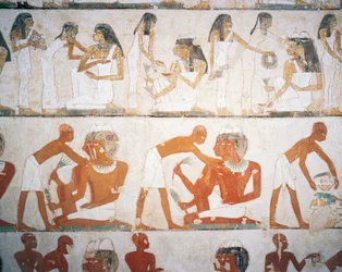 Banquete fúnebre, homens e mulheres colocando jóias, fresco, Túmulo de Rekhmire (TT100), Sheikh Abd el-Qurna, Tebas (Lista do Património Mundial da Unesco
