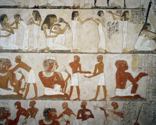 Festa funerária com músicos femininos, senhoras que se adornam com jóias, homens e músicos, Túmulo de Rekhmire, Sheikh Abd el Qurnah Necropolis, Luxor, Tebas (Lista do Património Mundial da Unesco