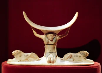 Apoio de cabeça com Chu, o deus egípcio do ar, do túmulo de Tutankhamon, Novo Império