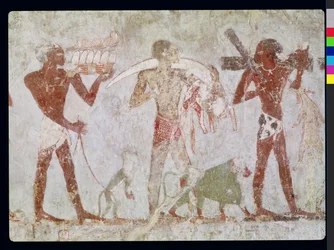 Cuxitas transportando tributos de ouro, marfim e peles de animais, do Túmulo de Rekhmire, vizir de Tutmés III e Amenófis II, Império Novo