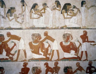 Homens e mulheres a colocar jóias, detalhe dos frescos do Túmulo de Rekhmire, Sheikh Abd el Qurnah Necropolis, Luxor, Thebes (Lista do Património Mundial da Unesco