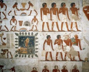 Processamento de metais e fabricação de tijolos, detalhe de afrescos em Túmulo de Rekhmire, Sheikh Abd el Qurnah Necropolis, Luxor, Thebes (Lista do Património Mundial da Unesco