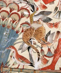Nebamun caça nos pântanos com sua esposa uma filha, parte de uma pintura de parede da capela-túmulo de Nebamun, Tebas, Novo Reino, c.1350 aC (gesso pintado) (detalhe de 3748)
