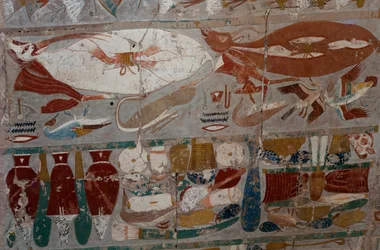 Baixo-relevo pintado, Templo Mortuário da Rainha Hatshepsut, Djeser-Djeseru (Santo dos Santos), Deir el-Bahri, Luxor, Tebas (Lista do Património Mundial da Unesco