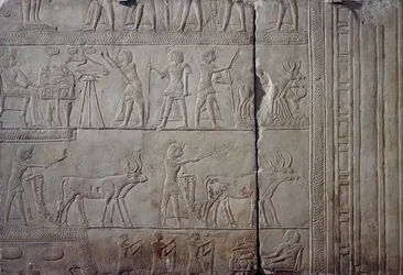 Faraó Horemheb, representado a fazer trabalho agrícola nos campos de Iaru, recebendo a colheita oferecida pelos agricultores, relevo de parede em calcário, do Túmulo Memphite de Horemheb em Saqqara, Civilização Egípcia, Novo Reino, Dinastia XVIII