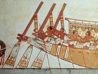 Peregrinação de defuntos a Abidos, mural, Túmulo de Menna, também conhecido como Túmulo TT69, datado do reinado de Tutmés IV, Xeque Abd el-Qurna, Tebas