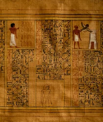 Porção do Livro dos Mortos com texto em colunas verticais de hieróglifos e inserções contendo ilustrações policromadas, papiro, 34cm x 14cm, do Túmulo de Kha em Deir el-Medina, Civilização Egípcia, Novo Reino, Dinastia XVIII