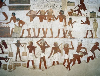Oleiros e trabalhadores, detalhe dos afrescos no Túmulo de Rekhmire, Sheikh Abd el Qurnah Necropolis, Luxor, Thebes (Lista do Património Mundial da Unesco