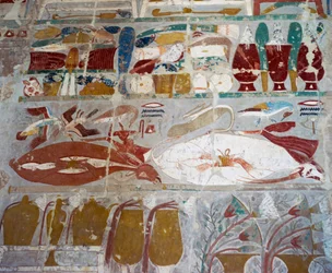 Provisões e cerâmicas oferecidas aos deuses pela rainha Hatshepsut, relevo pintado, Capela de Anúbis, Templo Mortuário da rainha Hatshepsut, também conhecido como Djeser-Djeseru, Deir el-Bahri, Tebas. Civilização egípcia, Novo Reino, Dinastia XVIII