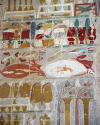 Provisões e cerâmicas oferecidas aos deuses pela rainha Hatshepsut, relevo pintado, Capela de Anúbis, Templo Mortuário da rainha Hatshepsut, também conhecido como Djeser-Djeseru, Deir el-Bahri, Tebas. Civilização egípcia, Novo Reino, Dinastia XVIII