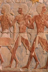 Relevo retratando um desfile em homenagem à deusa Hathor, detalhe, do Templo Mortuário de Hatshepsut (c.1503-1482 aC) Novo Reino (calcário pintado) (ver também 382845)