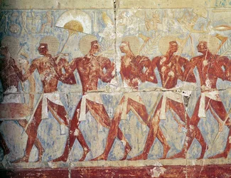 Relevo retratando um desfile em homenagem à deusa Hathor, do Templo Mortuário de Hatshepsut (c.1503-1482 aC) Novo Reino (calcário pintado) (ver também 382845)