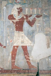 Cena com a rainha a fazer oferendas, sala sudeste, parede leste, pátio superior, Templo Mortuário de Hatshepsut, Deir el-Bahari, Necrópole Tebana (Lista do Património Mundial da UNESCO