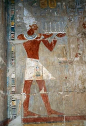 Cena com a rainha a fazer oferendas, sala sudeste, parede leste, pátio superior, Templo Mortuário de Hatshepsut, Deir el-Bahari, Necrópole Tebana (Lista do Património Mundial da UNESCO