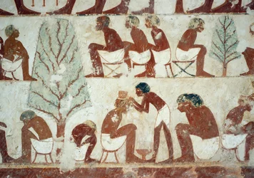 Soldados tendo seu cabelo cortado, detalhe de afrescos em Túmulo de Userhat, Sheikh Abd el Qurnah Necropolis, Luxor, Thebes (Lista do Patrimônio Mundial da Unesco