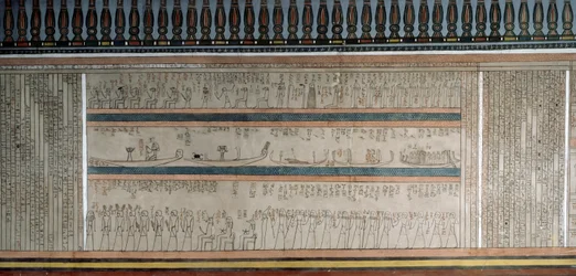 Texto e figuras do Livro de Amduat, detalhe de afrescos na câmara funerária de Amenhotep II, Vale dos Reis, Luxor, Tebas (Lista do Património Mundial da Unesco