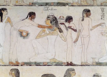 O banheiro de nobres, do túmulo de Rekhmire, vizir de Tuthmosis III e Amenhotep II, New Kingdom (pintura de parede)