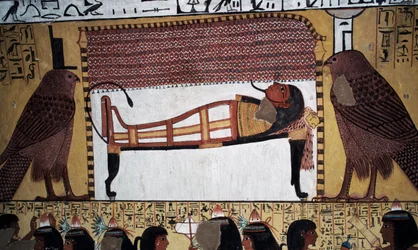 Deposição do defunto, pintura mural, Túmulo de Sennedjem, Vale dos Reis, Luxor, Tebas (Património Mundial da UNESCO)