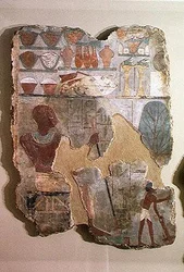 O escriba Unsou supervisionando os trabalhadores nos campos, do Túmulo de Unsou, East Thebes, New Kingdom (pintura de parede)