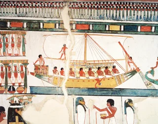 A nave solar, detalhe da peregrinação a Abydos, fresco, parede norte, longa sala de jantar, Theban Tomb TT69, Sheikh Abd el-Qurna, Thebes (Lista do Património Mundial da Unesco