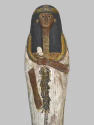 Caixão da Senhora da Casa, Weretwahset, reinscrevido para Bensuipet, encontrado em Thebes, New Kingdom, c.1292-1190 BC (madeira pintada) (detalhe de 293508)