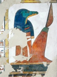 Guardião com cabeça de crocodilo da terceira porta do Reino de Osíris, capítulo 146 do Livro dos Mortos, fresco, câmara funerária, Túmulo de Nefertari (QV66), Vale das Rainhas, Tebas. Civilização egípcia, Novo Reino, Dinastia XIX.