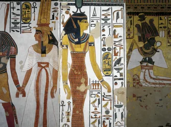 Egito, Tebas, Luxor, Vale das Rainhas, Túmulo de Nefertari, Vestíbulo, pinturas murais, Harsiesi conduz a rainha pela mão, deusa Neith