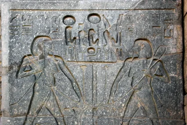 Antiquite egípcio: detalhe da base da estátua do Faraó Ramsés II (1292-1186 AC representando a união do Alto e do Baixo Egipto. Templo de Luxor. East Bank (Tebas), Egito.