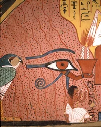 Antiquidade egípcia: "o artesão Pachedou (ou Pashedou ou Pachedou ou Pashedou ou Pashedu) ajoelha-se em adoração perto dele, o olho de Horus Oudjat" Fresco do túmulo de Pachedou, Deir, el Medinet, Egito