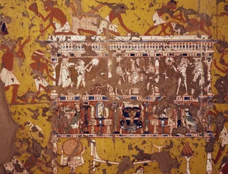 Construção de um caixão esculpido, fresco, Túmulo do escultor Ipy, Deir el-Medina Necrópole Tebana (Lista do Património Mundial da Unesco