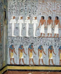 Múmias e figuras masculinas, detalhe de afrescos em câmara funerária do Túmulo de Ramesses I, Vale dos Reis, Luxor, Tebas (Lista do Património Mundial da Unesco