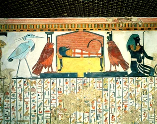Múmia em um leito fúnebre com várias divindades, do túmulo de Nefertari, Novo reino (pintura de parede)