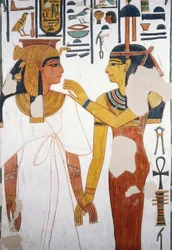 Nefertari encontra a deusa Isis, fresco, fachada virada a norte do quarto pilar, câmara funerária, Túmulo de Nefertari (QV66), Vale das Rainhas, Tebas (Lista do Património Mundial da Unesco)