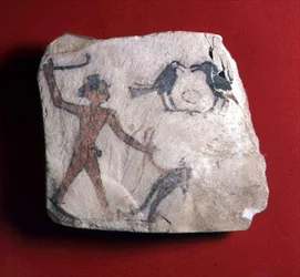 Ostracon com um esboço representando um menino conduzindo um animal, provavelmente um babuíno, para colher frutas com dois corvos, New Kingdom, c.1303-1224 BC (calcário pintado)