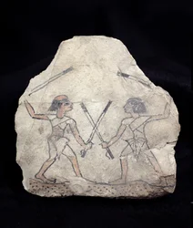 Ostrakon representando dois homens lutando com varas, de Deir El-Medina, New Kingdom (pedra pintada)