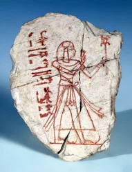 Ostrakon com uma figura masculina, de Deir El-Medina (calcário pintado)