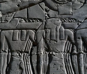 Sacerdote com máscara de falcão, pormenor de cena representando Ramsés II em frente de um barco sagrado, relevo, paredes interiores do Grande Salão Hipostilo, complexo do templo de Karnak (Lista do Património Mundial da Unesco