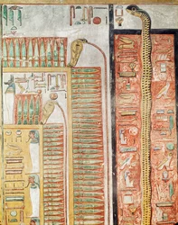 Relevo retratando o caminho que os mortos devem atravessar para a vida após a morte, a partir do túmulo de Seti I (c.1294-1279 aC) Novo Reino (calcário pintado)