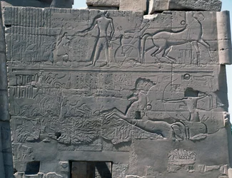 Batalha de Seti I contra a Palestina, relevo, parede exterior leste do Grande Salão Hipostilo, complexo do templo de Karnak (Lista do Património Mundial da Unesco