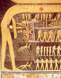 Detalhe do livro do dia do teto da câmara funerária do túmulo de Ramsés VI (r.1143-1136 aC) Novo Reino (pintura de parede)
